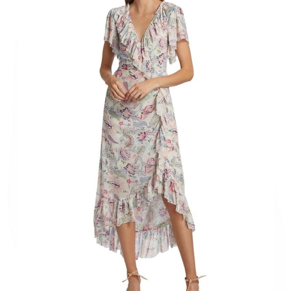 Cinq à Sept Sheilla Floral Ruffle Midi-Dress In Celeste NWT'S